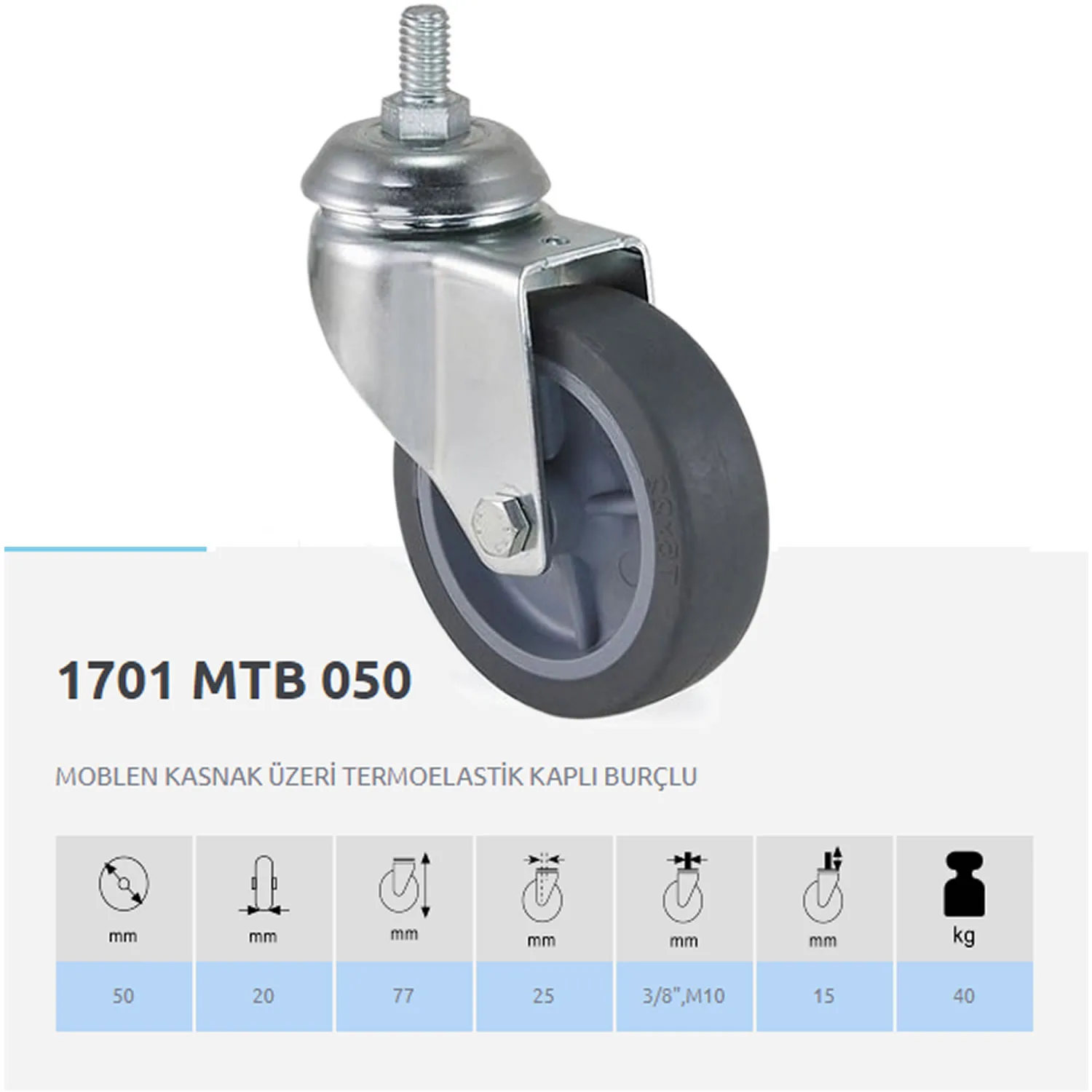 Kama / 1701 Mtb 050 3/8 / 50 Mm Çaplı Cıvatalı Moblen Kasnak Üzeri Termoelastik Kaplı Burçlu Döner Teker-1.jpg