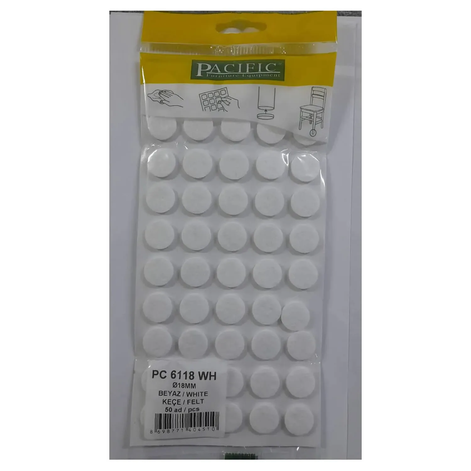 Pacific Yuvarlak Yapışkanlı Sandalye Koltuk Mobilya Ayak Keçesi Felt 18 Mm Beyaz-1.jpg