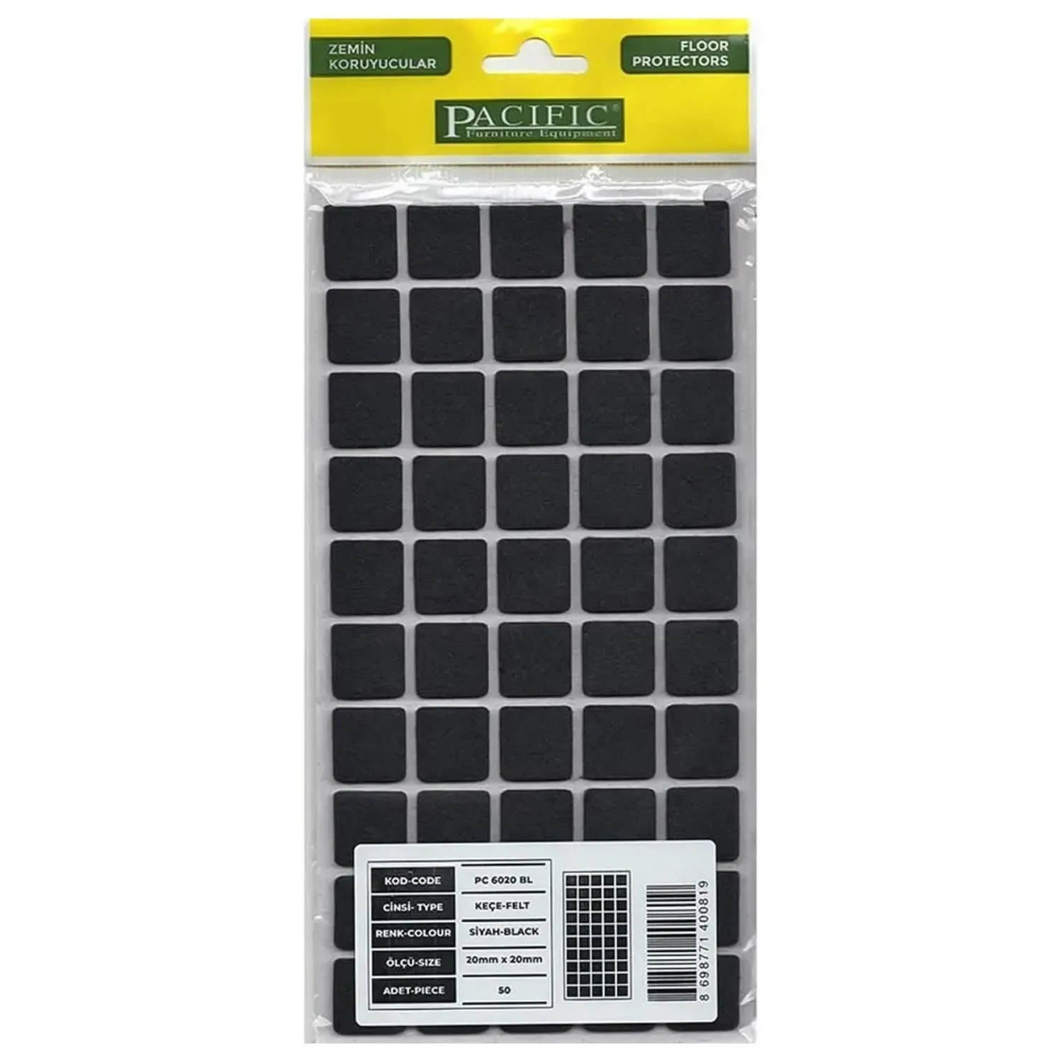 Pacific Kare Yapışkanlı Sandalye Koltuk Mobilya Ayak Keçesi Felt 20x20 Mm Siyah-1.jpg