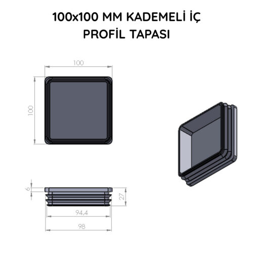 100x100 Mm Profil İçin Kademeli İçe Geçme Profil Tapası