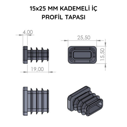 15x25 Mm Profil İçin Kademeli İçe Geçme Profil Tapası
