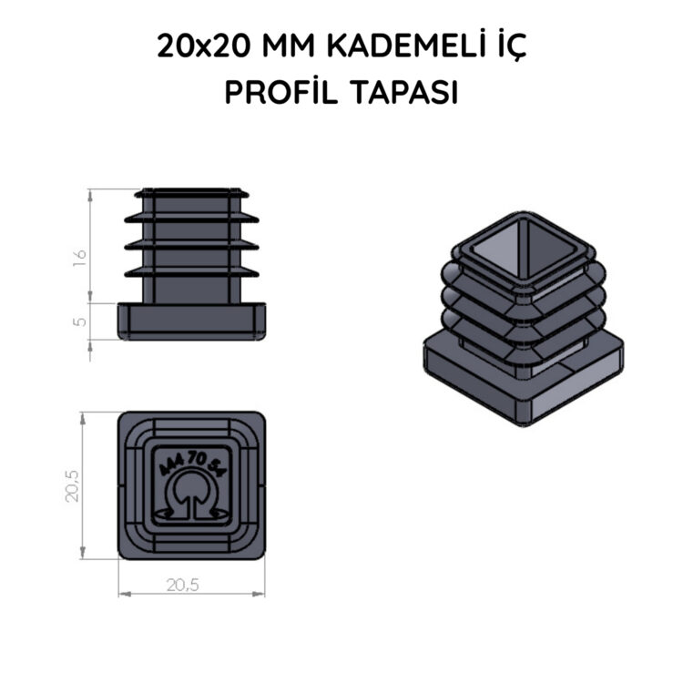 20x20 Mm Profil İçin Kademeli İçe Geçme Profil Tapası