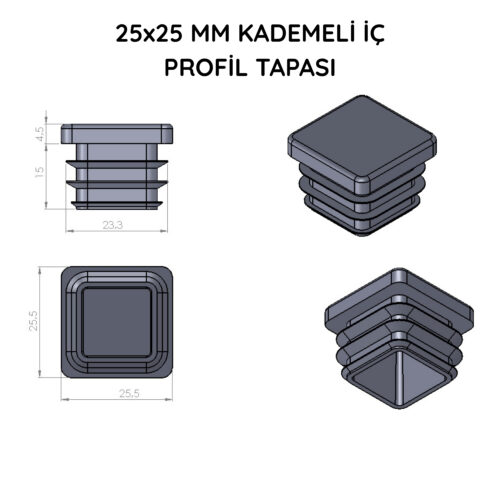 25x25 Mm Profil İçin Kademeli İçe Geçme Profil Tapası