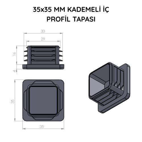35x35 Mm Profil İçin Kademeli İçe Geçme Profil Tapası
