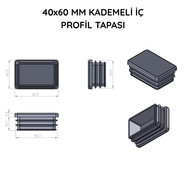 40x60 Mm Profil İçin Kademeli İçe Geçme Profil Tapası