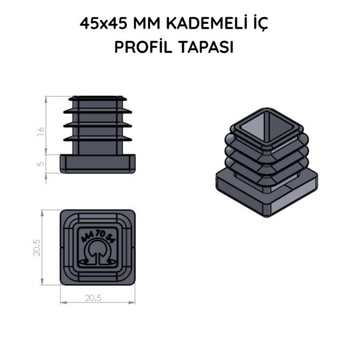 45x45 Mm Profil İçin Kademeli İçe Geçme Profil Tapası