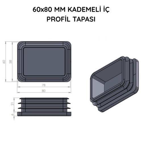 60x80 Mm Profil İçin Kademeli İçe Geçme Profil Tapası