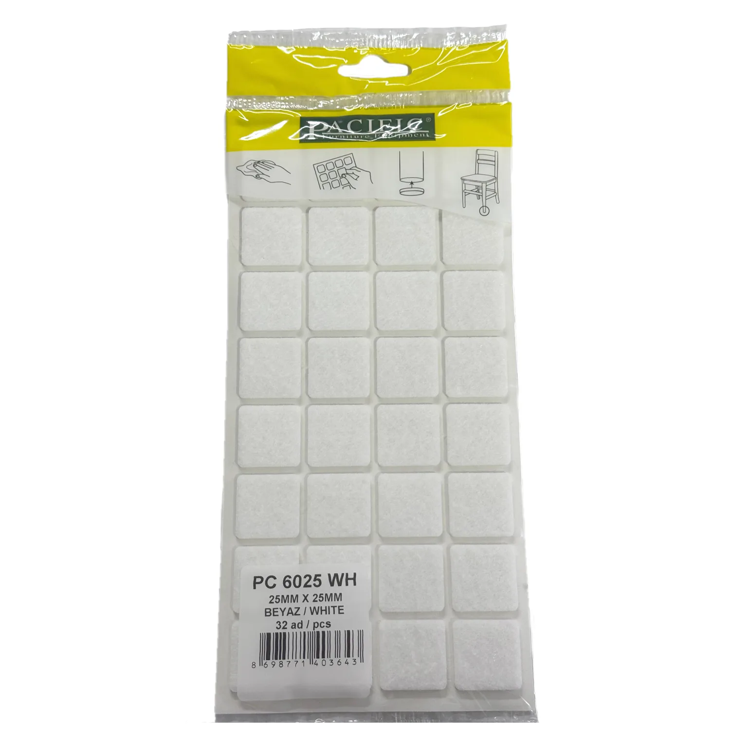 Pacific Kare Yapışkanlı Sandalye Koltuk Mobilya Ayak Keçesi Felt 25x25 Mm Beyaz-1.jpg