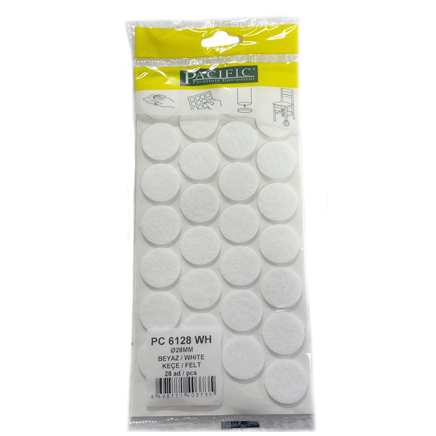 Pacific Yuvarlak Yapışkanlı Sandalye Koltuk Mobilya Ayak Keçesi Felt 28 Mm Beyaz-1.jpg