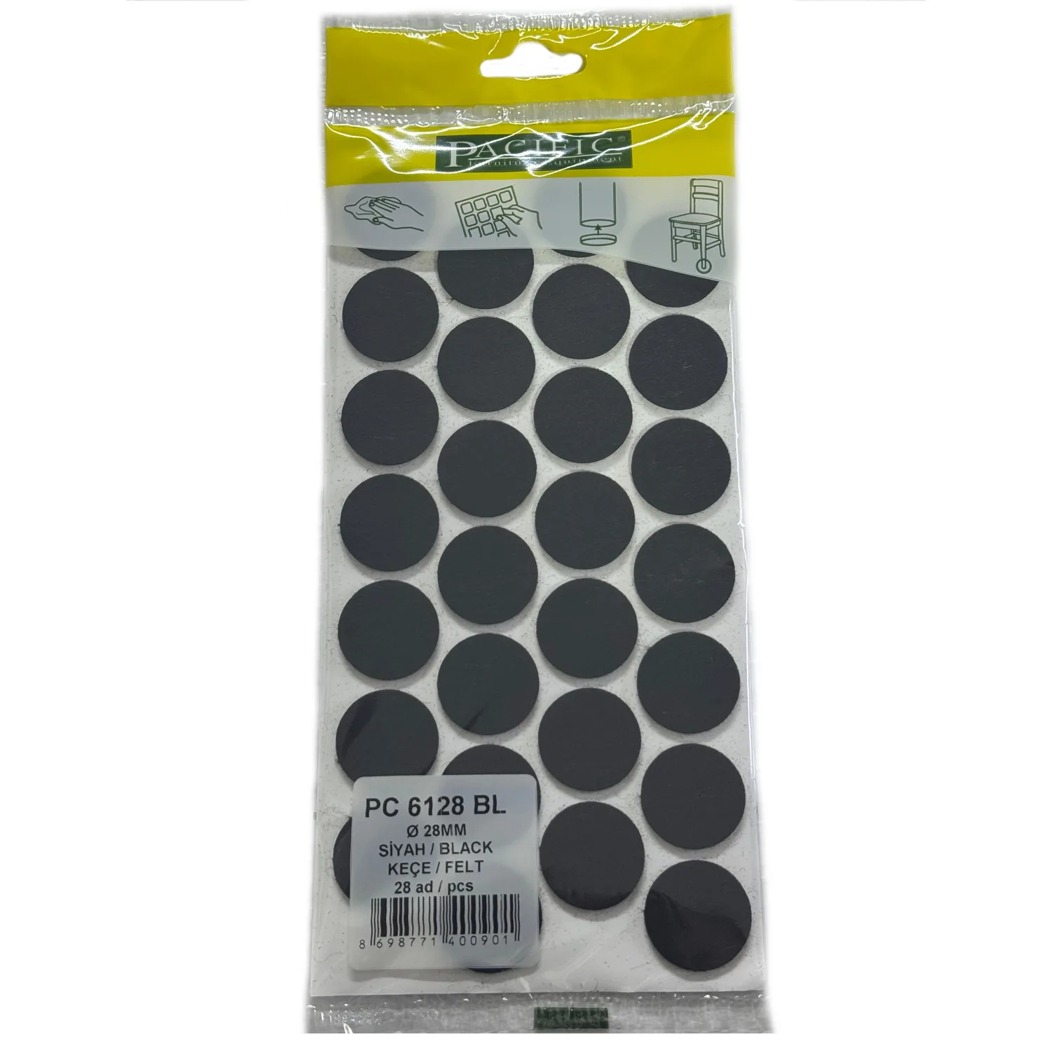 Pacific Yuvarlak Yapışkanlı Sandalye Koltuk Mobilya Ayak Keçesi Felt 28 Mm Siyah-1.jpg
